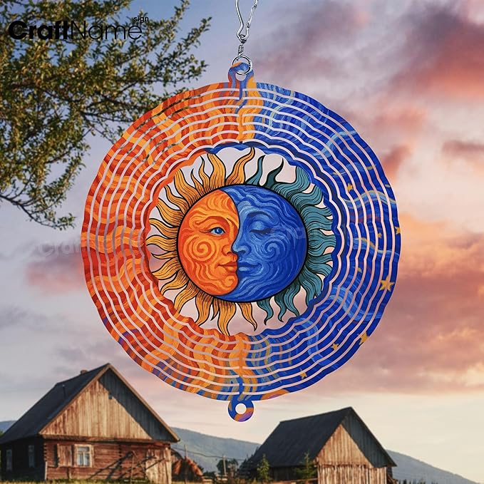 Personalized Sun & Lunar Wind Spinner 3D Stainless Steel, Sun Garden Spinner Hanging Outdoor Decor, Wind Spinners Outdoor, Custom Gift for Grandmother, Mom, Wife