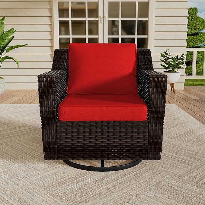 Vista Vibe Outdoor Patio Deep Seat Luxurious Chair - 360 Degree Swivel Glider Rocker Chair with Washable Cushions, Hand-Woven & All-Weather PE Rattan, Balcony, Yard (Brown/Red)