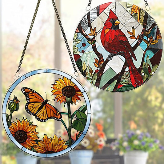 2 Cardinal Butterfly Acrylic Suncatcher, Art Decor for Home, Suncatcher for Window Hanging Indoor, Garden, Housewarming, Gift for Mom, Grandma, Women, Friend, Bird Lover SCB-A6-B4