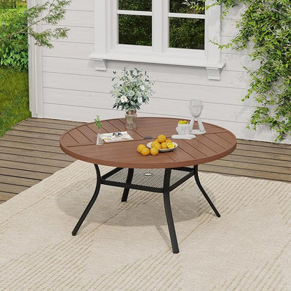 VICLLAX Outdoor Patio Round Dining Table, 47.2"x 47.2" Spliced Metal Tabletop with Storage Shelf for Deck Lawn Garden Backyard, Walnut