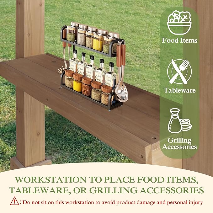 6 x 13 FT Wooden Grill Gazebo with Sloping Metal Roof, BBQ Canopy with Stakes for Outdoor Patio, Garden, Lawn, Light Mocha Brown