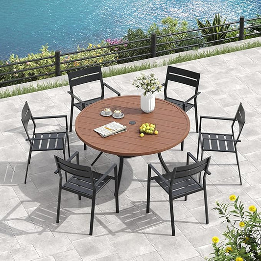 VICLLAX Outdoor Patio Round Dining Table, 53"x 53" Metal Slatted Round Tabletop with Adjustable Umbrella Hole for Deck Lawn Garden Backyard, Walnut