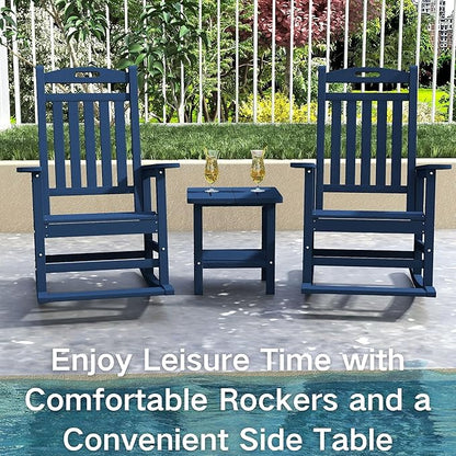 Kingdura Outdoor Rocking Chairs Set of 2, HDPE Plastic Patio Rocking Chair All-Weather Oversized Porch Rocker with High Back for Patio Outside Backyard Balcony (Navy Blue)