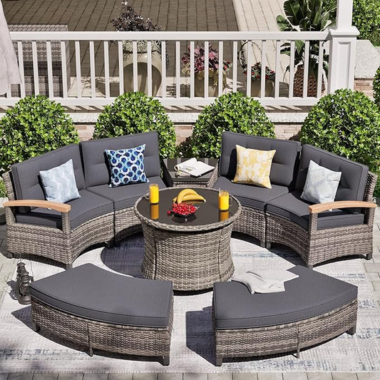 MEISSALIVVE 8 Piece Outdoor Patio Furniture Set, Half-Moon Curved Sectional Set with Wood Armrests, Patio Conversation Set, 2 Half-Moon Ottomans, Round Table & Side Table (Grey)