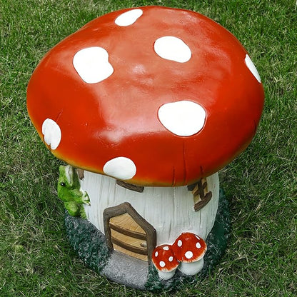 14''H Mushroom House Statue Outdoor Statues Garden Resin Stool Over Sized Sculpture Fairy Forest Pedestal Spring Decor for Home Courtyard Lawn Patio Summer Ornament Indoor Stool