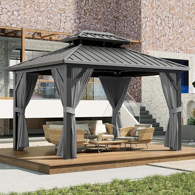 12'x10' Hardtop Gazebo, Heavy Duty Aluminum Permanent Hardtop Gazebo Outdoor Pavilion with Curtains and Netting for Garden (Gray, 12'x10')