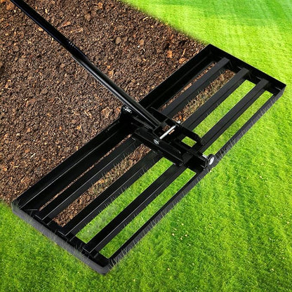 Lawn Leveling Rake 17 x 10 Inch Stainless Steel Heavy Duty Ground Leveler, Flipping-Resistant Smooth Edge, Adjustable Handle 28–60 Inches for Backyard Landscape, Garden, Golf Course, Farm, Pasture.