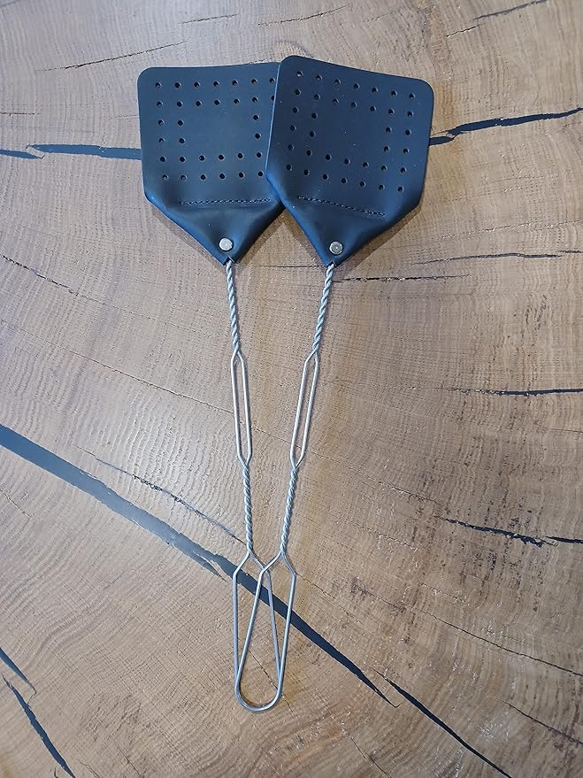 Leather Fly Swatter Set (2 Pack) – 17” Amish-Made Fly Swat w/Real Leather Paddle – Fly Swatters Multi Pack w/Metal Handle – Bug Swatter, Mosquito Swatter, Wasp Swatter (Black)