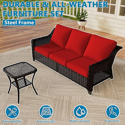 Vista Vibe 4 Pieces Outdoor Patio Conversation Furniture Set - 78" 3-Seat Sofa | 2 Swivel Glider Rocker Chairs | Wicker End Table, Rattan Loveseat, Upholstered Couch, Garden, Deck (Brown/Red)