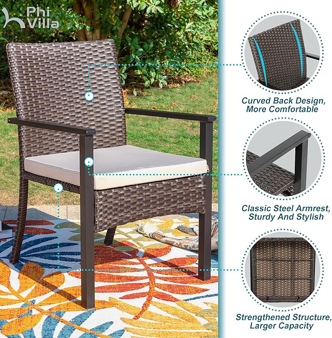 PHI VILLA 5 Piece Outdoor Dining Set for 4, 37" Square Metal Dining Table & 4 Cushioned Rattan Wicker Chairs for Patio, Deck, Yard, Porch