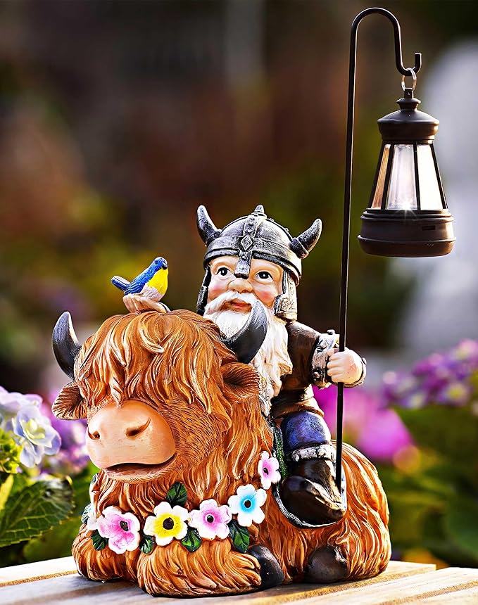 Garden Gnome Outdoor Statue 12 Inch Highland Cow Gnomes Decorations for Yard Patio Lawn Porch Birthday for Women, Mother’s Day, Housewarming with Solar Light Funny Decor for Outside
