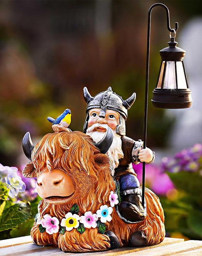 Garden Gnome Outdoor Statue 12 Inch Highland Cow Gnomes Decorations for Yard Patio Lawn Porch Birthday for Women, Mother’s Day, Housewarming with Solar Light Funny Decor for Outside