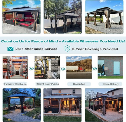 Domi 12' x 18' Hardtop Gazebo Permanent Metal Gazebo with Galvanized Steel Double Roof, Curtains and Netting for Party, Wedding, Outdoor Dining, Patio, Backyard, Brown