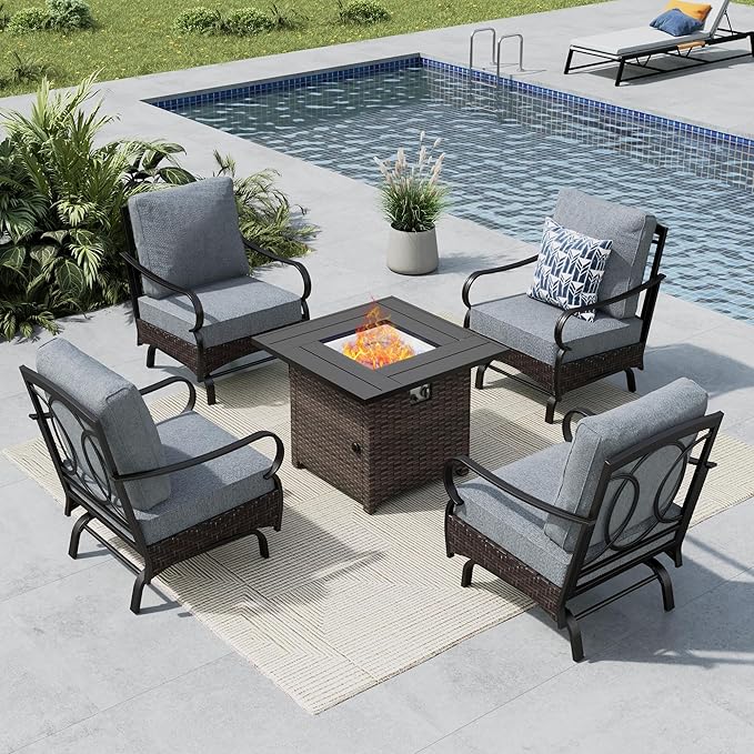 MFSTUDIO 5 Pieces Outdoor Patio Furniture Set, Metal Outdoor Conversation Sofa, Rattan Wicker Patio Sectional Sofa Set with 4 x Rocking Single Sofa, 1 x Fire Pit Table, Grey