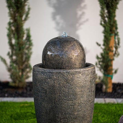 XBrand 25.98" H Brown Round Stone Indoor/Outdoor Modern Sphere Water Fountain w/LED Lights – Ball Bubbling Fountain Décor for Garden, Patio, or Tabletop