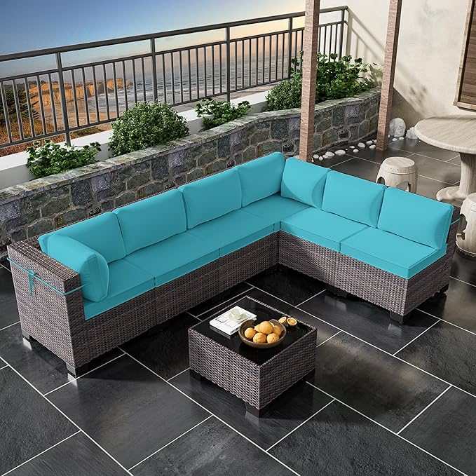 Outdoor Patio Furniture Set, 7 Pieces Outdoor Furniture All Weather Patio Sectional Sofa PE Wicker Modular Conversation Sets with Coffee Table,6 Chairs & Seat Clips(Turquoise Blue)