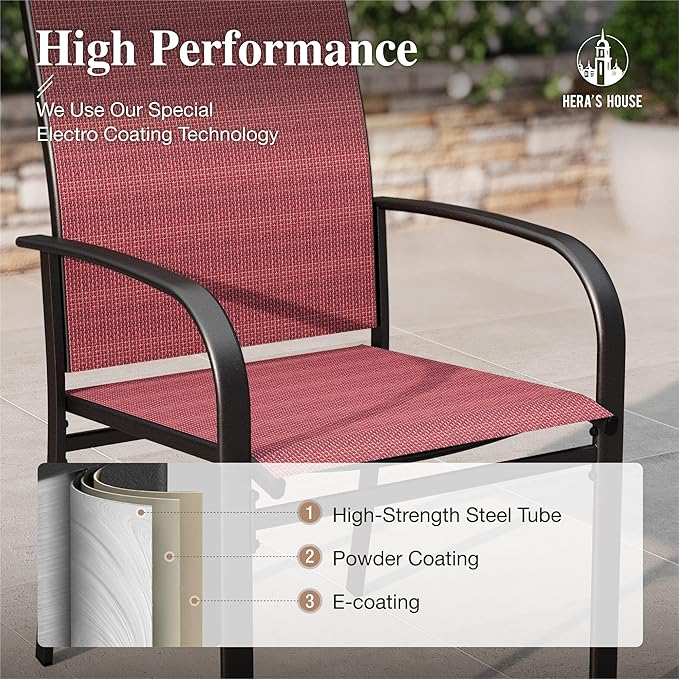 HERA'S HOUSE Patio Dining Chairs Set of 8, 36" Textilene Fabric Outdoor Chair with Wrought Iron Metal Frame Support 350lbs for Lawn Garden Backyard Kitchen, Red