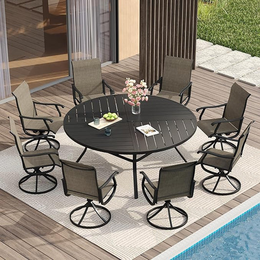 VICLLAX 9 Pieces Patio Dining Set for 8 Includes 60" Outdoor Round Table and 8 Patio Swivel Chairs for Lawn Garden, Black Tabletop and Mixed Brown Fabric