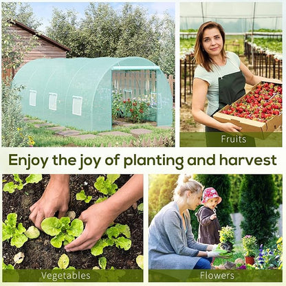 Outsunny 20' x 10' x 7' Walk-in Tunnel Greenhouse, Garden Warm House, Large Hot House Kit with 8 Roll-up Windows & Roll Up Door, Steel Frame, Green