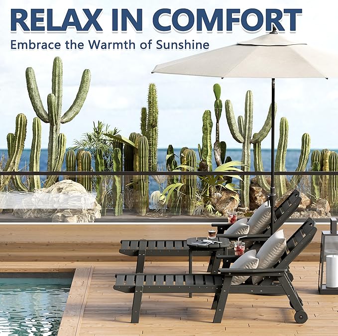 Patio Chaise Lounge Chair Set of 4, HDPE Outdoor Lounge Chairs with 5-Position Adjustable Backrest, Cup Holder and Wheels, 450lbs Capacity for Poolside Deck Backyard, All Weather Material(Gray)
