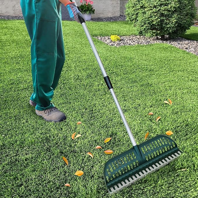 ORIENTOOLS Garden Leaf Rake 2 in 1 Turf Rake for Artificial Grass and Lawn with Telescopic Steel Handle, 49" to 63" Long