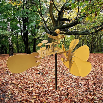Handmade Metal Drummer Rock Band Windmill, Wind Powered Kinetic Sculpture, Garden Outdoor Wind Mill Spinner for Yard Lawn Garden Patio Rockin Art Figurine Decor (Gold)