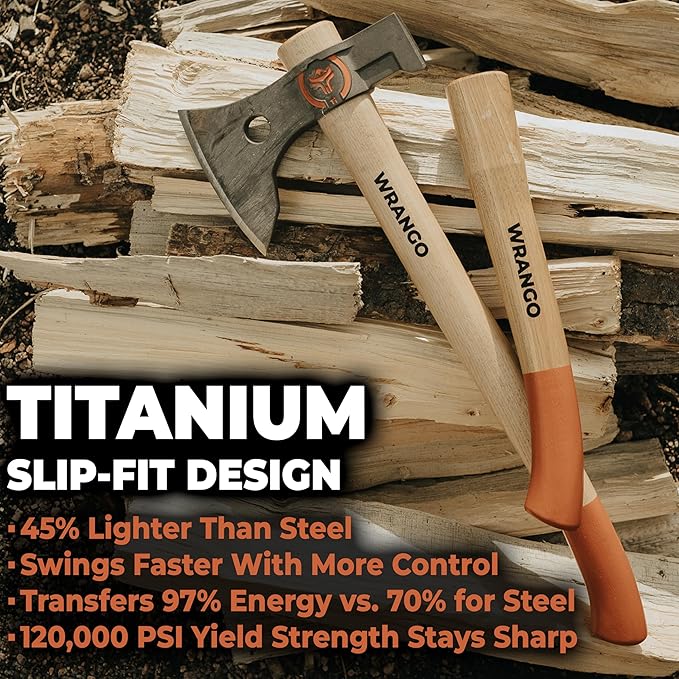 Titanium Camping Axe - 18" & 11.5" Wood Hickory Handles - Tomahawk Axe Hammer End - 2-Piece Slip-Fit Design - Includes Blade Sheath and 2 Handles - Survival Axe