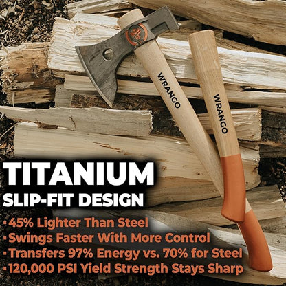 Titanium Camping Axe - 18" & 11.5" Wood Hickory Handles - Tomahawk Axe Hammer End - 2-Piece Slip-Fit Design - Includes Blade Sheath and 2 Handles - Survival Axe