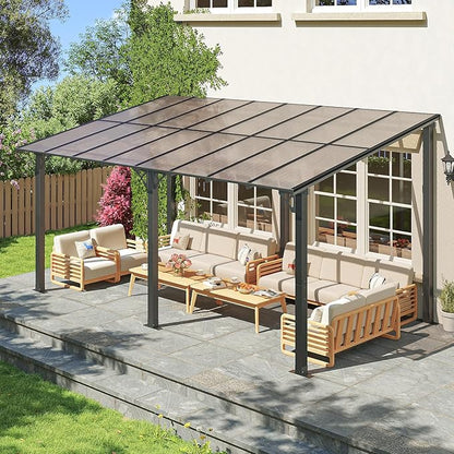 10x16FT Lean to Gazebo, Hardtop Metal Pergola with Polycarbonate Roof, Large Wall Mounted Heavy Duty Awnings, Patio Canopy for Backyard, Deck, Porch