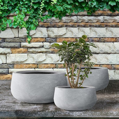 Kante 19.6",15.7",11.8" Dia Round Concrete Planters Set of 3, Cement Plant Pots with Drainage Hole and Rubber Plug for Outdoor Indoor Garden Home, Modern Curvaceous Design, Gray