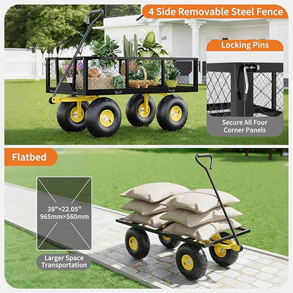 900 Lbs Garden Wagon, 2-in-1 Heavy-Duty Steel Garden Cart, with 10 Inch All-Terrain Tires and Removable Mesh Side Panels, 180° Rotating Handle, Metal Multi-Function Carts, Outdoor Gardens Wagon Cart