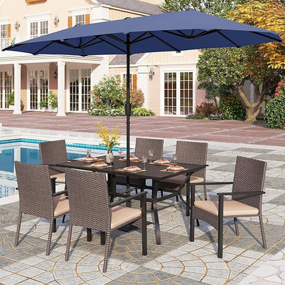 PHI VILLA 7 Pieces Patio Dining Set with Umbrella for 6, 60” Large Metal Iron Dining Table & Cushioned Rattan Wicker Chairs & 13ft Navy Blue Umbrella for Patio, Deck, Yard, Porch