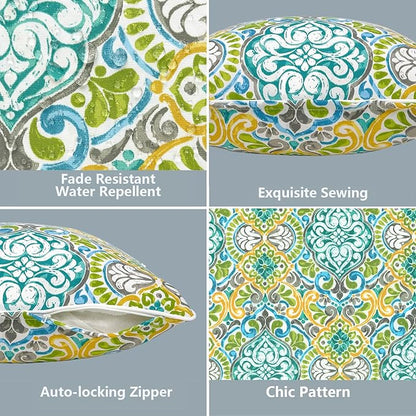 LVTXIII Outdoor Lumbar Pillow Covers 12"x20", Covers ONLY, 2 Pack 30x50cm Lumbar Cushion Cover with White Piping for Home Patio Garden Sofa Bench, Damask Green