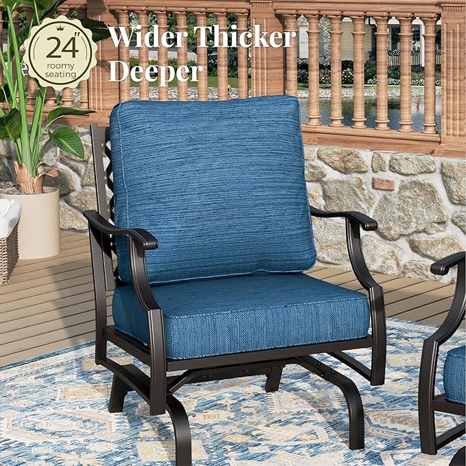 Patio Furniture Set 4 pcs, Outdoor Patio Furniture, 3-Seat Sofa, 2 Rocking Chairs, Coffee Table and 5.75" Extra Thick Cushion, Conversation Set for Backyard Deck, Gemstone Blue