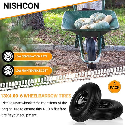Upgrade 13Inch Wheelbarrow Tires 4.00-6 Flat Free Tire And Wheel with 5/8" & 3/4" Bearings, 1.77"-5.75" Center Hub for Wheelbarrows Garden Wagon Cart Wheel Replacement by NISHCON, 2Pack