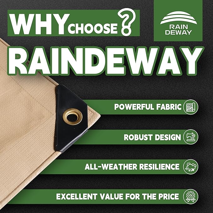 RAINDEWAY 20x20 Feet Heavy Duty Tarp,12 Mil Tan Waterproof Poly Tarp Cover,UV Resistant,Weatherproof,Durable,Multipurpose Tarps with Grommets and Reinforced Edges