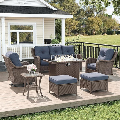 LayinSun 7 Piece Wicker Outdoor Furniture Set with 6-inch Comfy Cushions, High Back Patio Furniture Set with Swivel Rocking Chairs and Fire Pit Table