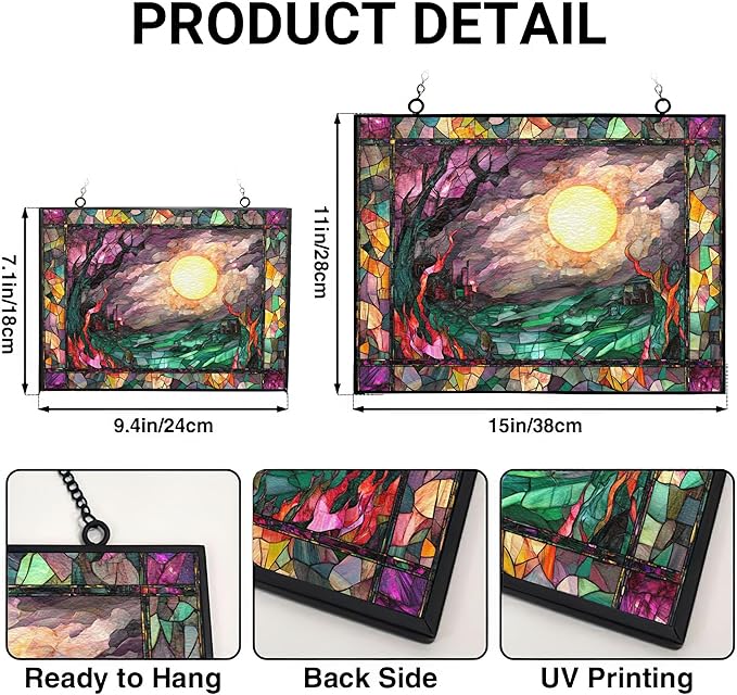 Personalized Rectangle Haunted Night Stained Glass Window Hangings, Handcrafted Stained Glass Suncatchers, Gift for Cat Lovers Nature Lovers 15"x11" Mothers Day