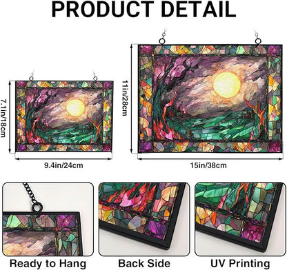 Personalized Rectangle Haunted Night Stained Glass Window Hangings, Handcrafted Stained Glass Suncatchers, Gift for Cat Lovers Nature Lovers 15"x11" Mothers Day