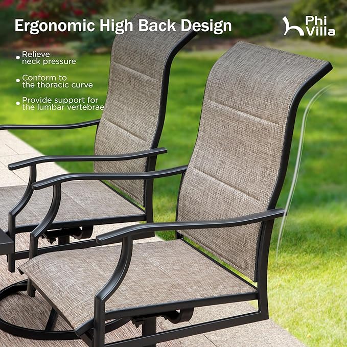 PHI VILLA Swivel Patio Dining Chair with 42" High Back, Padded Textilene Deep Seating Outdoor Chairs with Armrest & E-Coating Frame, All Weather-Resistant for Deck Lawn Garden, Set of 2