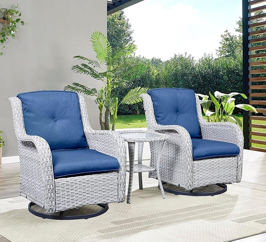HUMMUH 3-Piece Swivel Rocking Rattan Chair Outdoor,Patio Bistro Furniture Conversation Set,Wicker Chair with Glass Side Table(Light Grey,Blue)