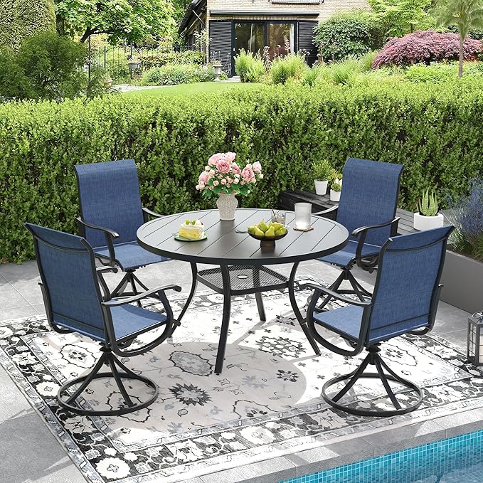 DIFY 5 Pieces Outdoor Patio Dining Set, 4 Blue Textilene Swivel Dining Chairs and 40.6" Black Round Dining Table, Metal Outdoor Table and Chairs