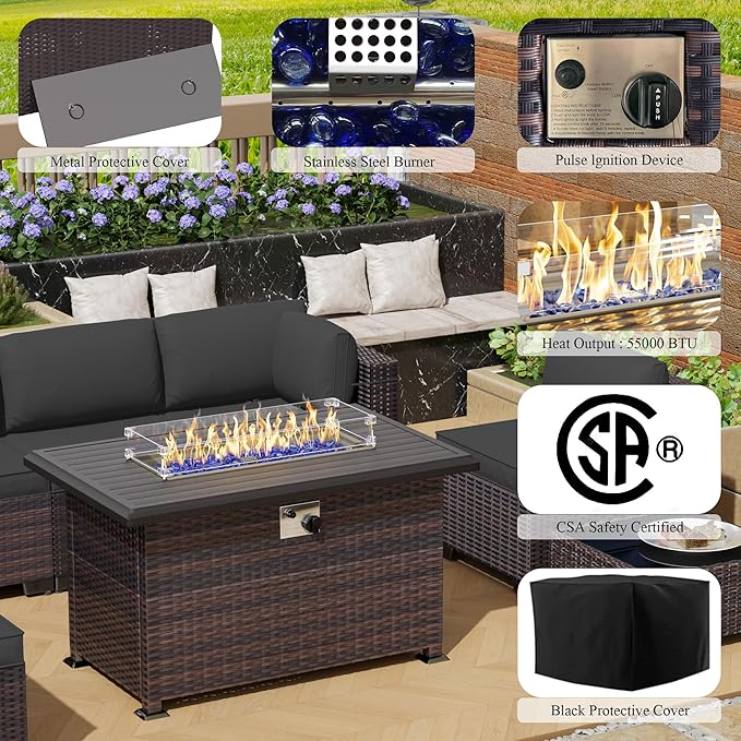 Outdoor Patio Furniture Set with Propane Fire Pit Table, 8 Pieces Furniture Patio Sectional Sofa Conversation Set w/ETL Approved 43" Gas Outdoor Fire Table & Coffee Table (Grey)