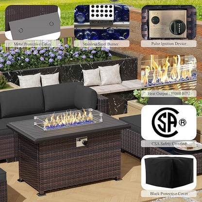 13 Pieces Outdoor Patio Furniture Set with Propane Fire Pit Table Outdoor Furniture Patio Sectional Sofa Conversation Sets w/ETL Approved 43" Gas Outdoor Fire Table & Coffee Table (Grey)