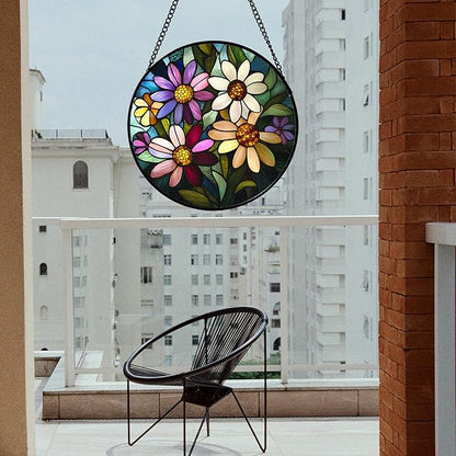 Stained Glass Window Hanging - Colorful Daisies Suncatcher for Door Garden Patio Retro Flower Sun Catchers Decor Christmas Mother's Day Birthday Gifts for Women Mom Nana Aunt Friend 6.3 in