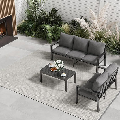 Aluminum Patio Furniture Set with Cushions 3-Piece Outdoor Sectional Metal Conversation Sofa Set with Coffee Table for Garden,Lawn,Backyard,Deck