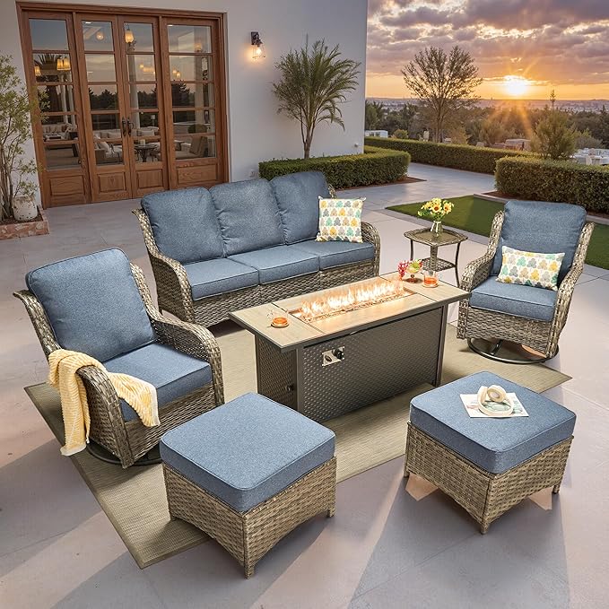 ovios 7 Pieces Patio Furniture Set, Outdoor Wicker Sofa Couch with Swivel Chairs 54" Fire Pit Table, High Back All Weather Modern Conversation Sets, Grey Rattan, Denim Blue