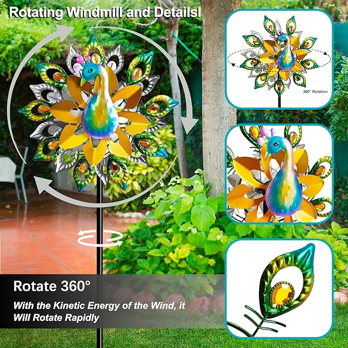 Outdoor Peacock Wind Spinners Featuring Glittering Gem Decor, 13.5" D x 65" H Double Layer Kinetic Wind Sculptures, 360° Rotatable Metal Garden Wind Spinners for Yard and Outdoor Decor Blue