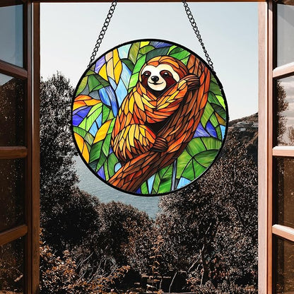 Stained Glass Window Hanging - Funny Sloth Suncatcher for Doors Garden Patio Cute Sun Catchers Decor Christmas Mother's Day Birthday Teenager Gifts for Women Men Mom Nana Friend 9.8 in