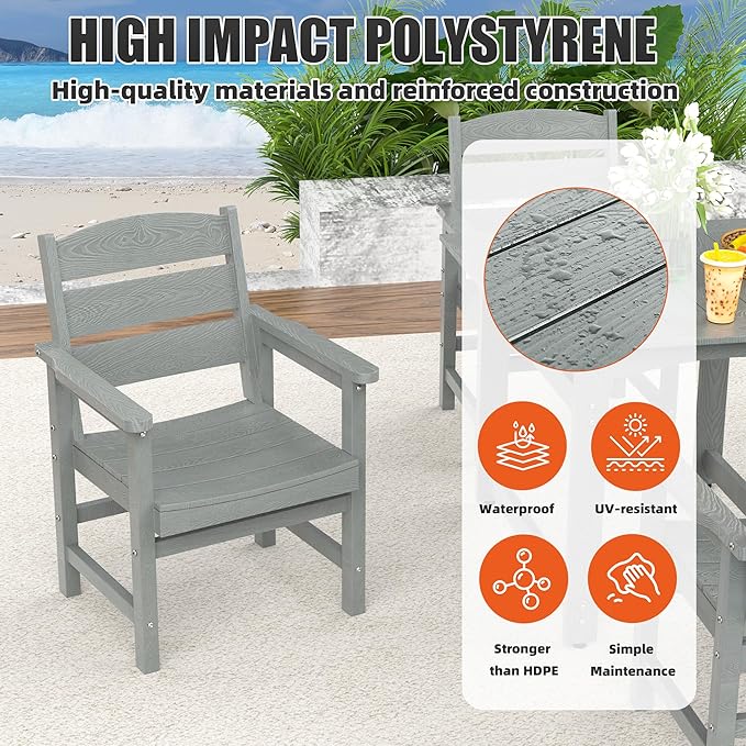 5-Piece HIPS Patio Dining Set, Outdoor Dining Table and Chairs Set with Umbrella Hole, Weatherproof Dining Table Set for 6 Person, Patio Furniture Set for Outside Deck, Grey